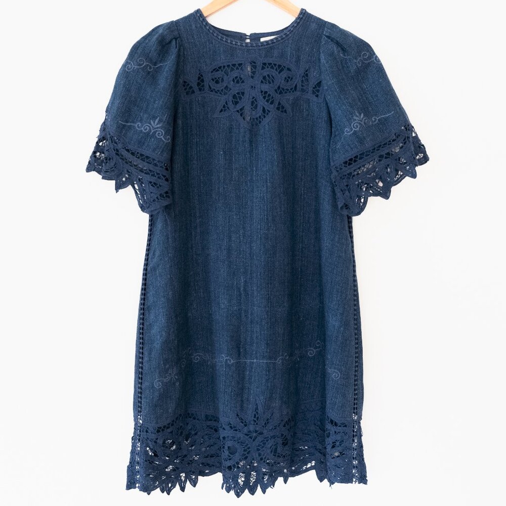 Sea New York Embroidered Chambray Puff Sleeve Shift Dress